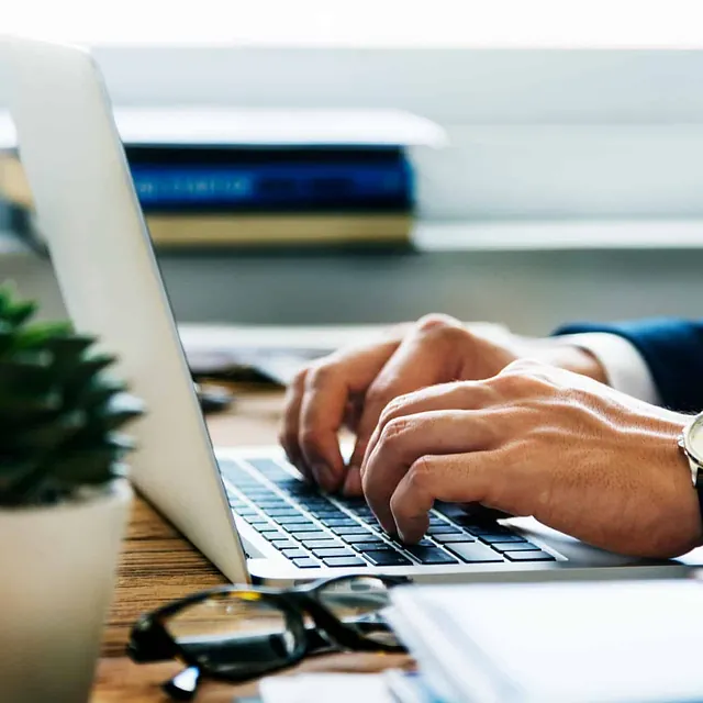 Person i dress skriver på en laptop ved et bord med en grønn plante i forgrunnen